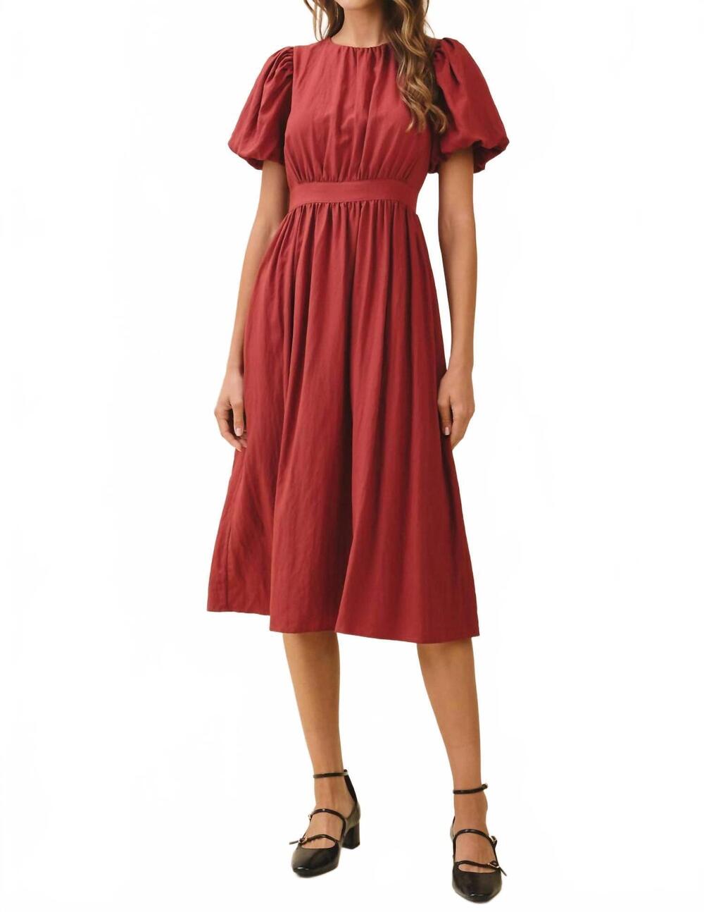 NEW TCEC puff sleeves gathered bodice midi dress in brick